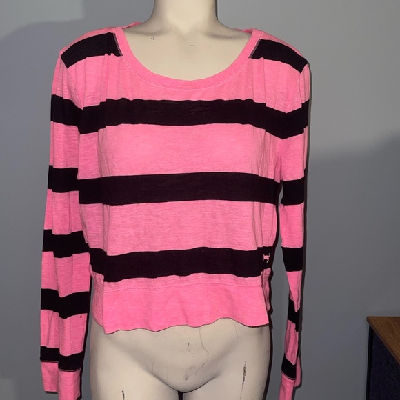 PINK Victoria's Secret Pink and Black cropped Striped Tee shirt top large - Picture 1 of 8